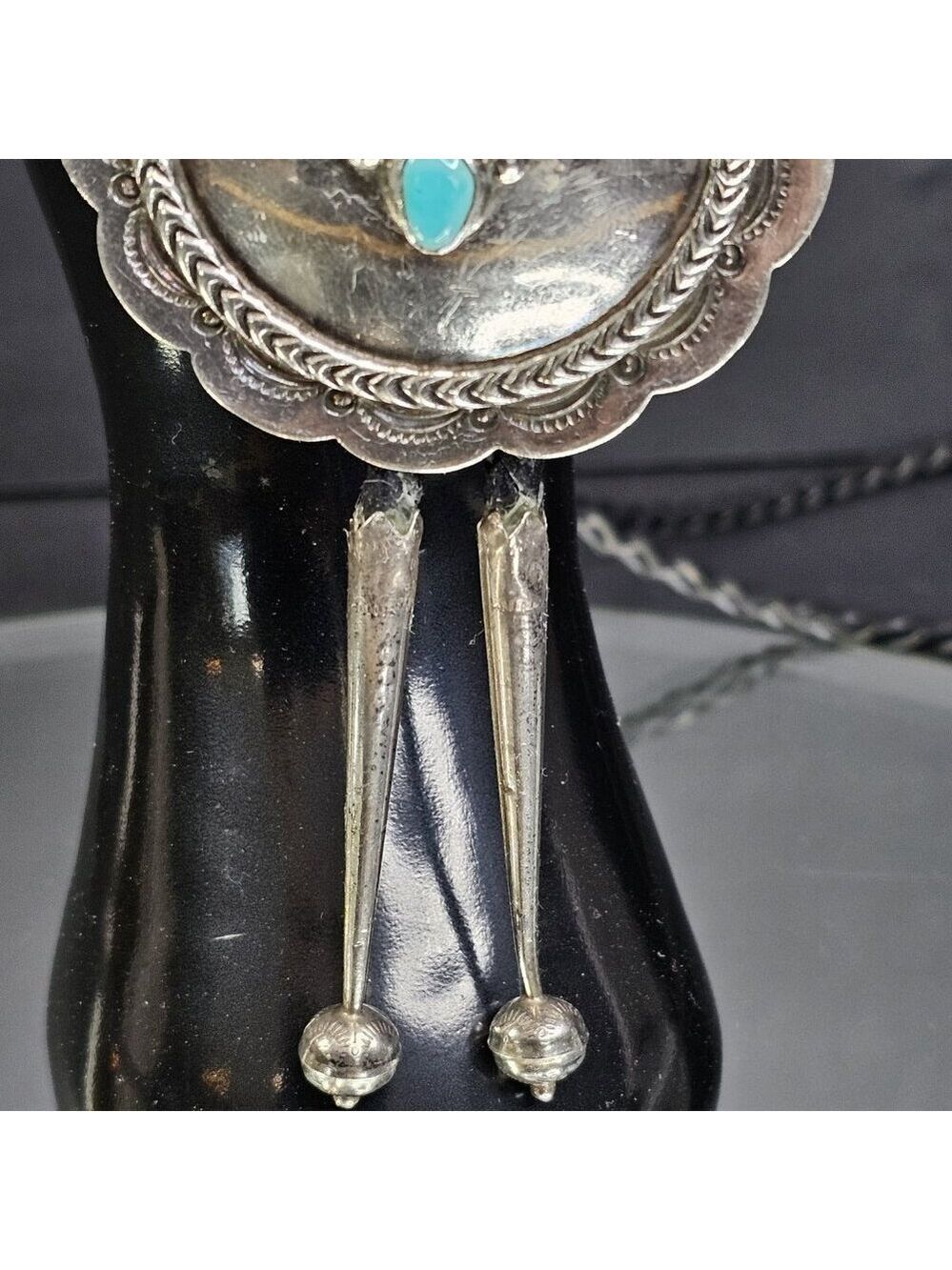 Navajo Turquoise And Coral Sterling Silver Bolo Tie Native American Vintage - Picture 3 of 11